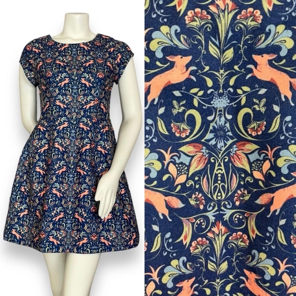 Pink Martini Dress Fox Print Blue Floral A-Line Lined‎ Small Women Cap Sleeves